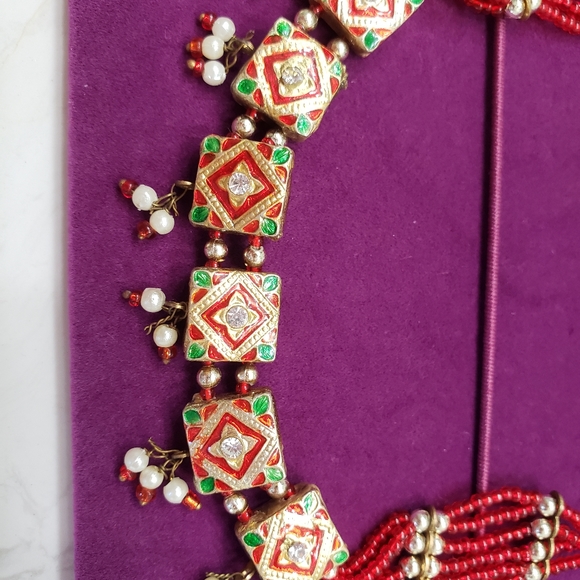 New 💖 Red and Green Ethnic Indian Kundan Rajasthani Necklace with Earri… - Picture 3 of 4